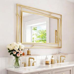 Brushed Gold Bathroom Mirror, 48''X24'' Rectangular Wall Mirrors with Geometric Metal Frame for Bathroom Bedroom Living Room, Hang Horizontally or Vertically