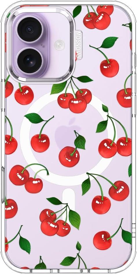 MOSNOVO for iPhone 17 Case | Compatible with Magsafe | Military Grade 6.6ft Drop Tested | Camera Control | Clear with Cute Cherry Design