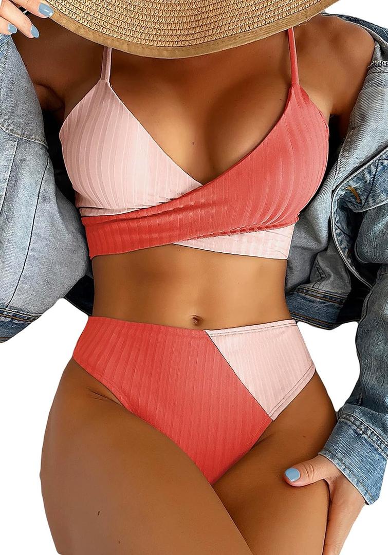 Women's 2 Piece Colorblock High Waisted Wrap Spaghetti Strap Summer Swimsuit Bikini Set (Orange, L)