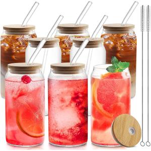 HOMBERKING Glass Cups with Bamboo Lids and Straws 8pcs Set, 20oz Cups, Beer Glasses, Iced Coffee Cups, Cute Tumbler with 2 Cleaning Brushes, Ideal for Cocktail, Whiskey, Tea, Gift (8 Packs, Clear)