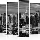 LevvArts Huge 7 Pieces New York City Canvas Wall Art Manhattan Skyline Night View Picture Painting Modern Black and White City Poster Prints for Home Office Living Room Wall Decoration (Black)