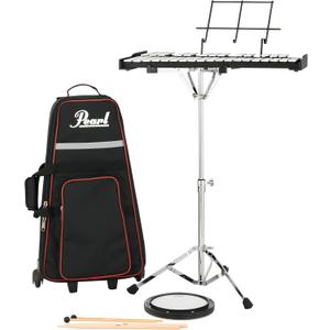 Pearl 32 Note Glockenspiel Bell Kit Student Educational Percussion Kit with Tunable Practice Pad, Rolling Carrying Case, Sticks and Mallets (PK910C)