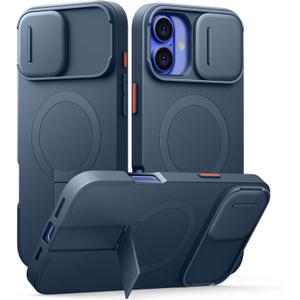 SURITCH for iPhone 16 Plus Case with Magnetic Camera Slide Cover and Adjustable Kickstand, Compatible with MagSafe, Shockproof Bumper Case Slim Protective Cover for iPhone 16 Plus 6.7 Inch, Blue