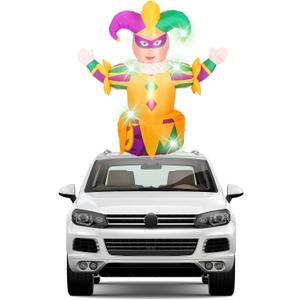 Soaoo 4 ft Mardi Gras Golf Cart Parade Inflatable Decoration with LED Light, Blow up Inflatable Jester with Carnival Mask Sign Outdoor Decor for Carnival Mardi Gras Car Roof Yard Garden Holiday