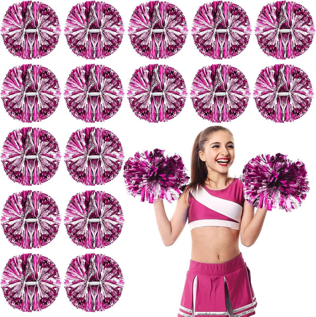 Yunsailing 50 Pack Cheerleading Pom Poms with Handle Bulk Metallic Foil Plastic Pom Poms for Dance, Matches, Squad Spirit Sports, Stage Performance, Carnival Celebration, Rose Red/Silver 