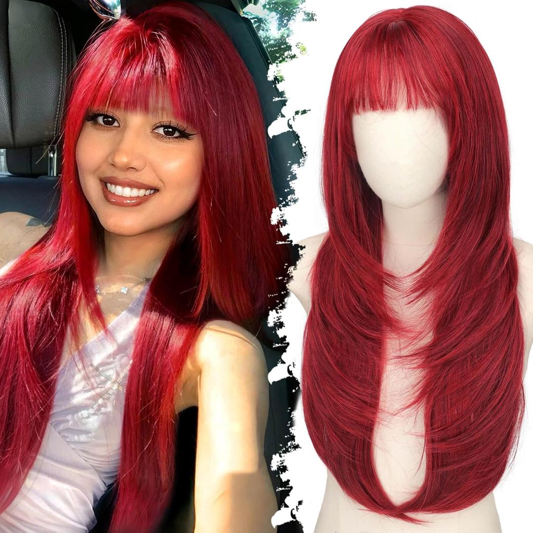 Long Red Wig with Bangs for Women, 4x4 Realistic Scalp,Free Parting, Layered Hairstyle Synthetic Heat Resistant for Daily Party Use 26 inch