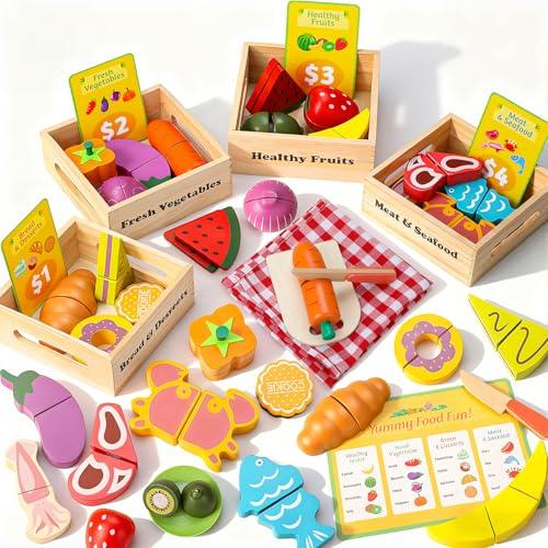 KONYXALU Wooden Play Food Set for Kids Kitchen - Pretend Cutting Toys with Fruits, Vegetables, Meat & Bakery - Montessori Sorting Toy for Boys & Girls Ages 3-8 - Ideal Gift for Christmas & Birthday