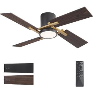 WINGBO 48" Flush Mount Ceiling Fan with Light - 4 Plywood Blades, 6-Speed Reversible DC Motor, Dimmable, 3CCT, Noiseless Low Profile Ceiling Fans for Bedroom Living Room, Gold and Black/Walnut