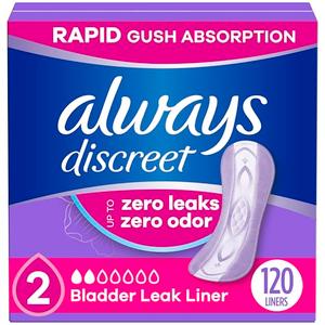 Amazon.com: Always Discreet Incontinence Panty Liners for Bladder Leaks, Size 2, Very Light Absorbency, 120 Count : Health & Household