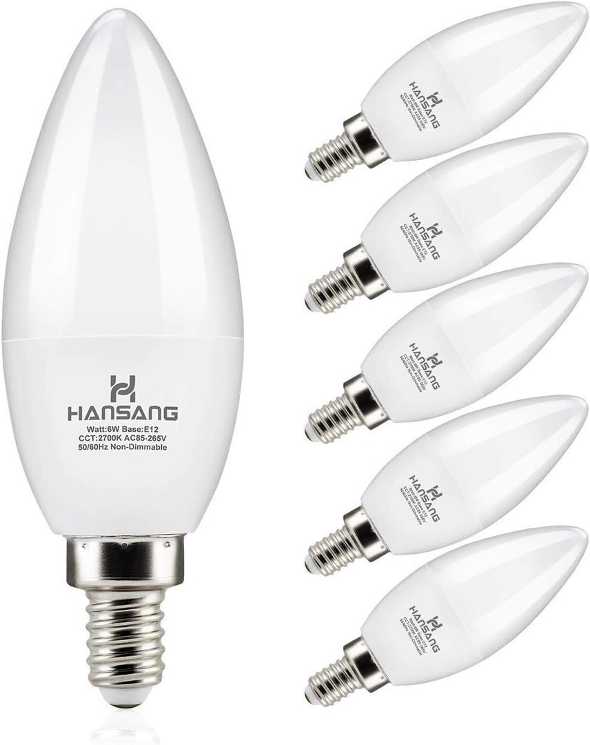 hansang Candelabra LED Bulbs,60 Watt Equivalent,600LM Warm White 2700K,Type B Light Bulb,E12 Small Base,Decorative Chandelier Bulb,Ceiling Fan Bulbs,Non-Dimmable,Pack of 6 hansang Candelabra LED Bulbs,60 Watt Equivalent,600LM Warm White 2700K,Type B Light Bulb,E12 Small Base,Decorative Chandelier Bulb,Ceiling Fan Bulbs,Non-Dimmable,Pack of 6