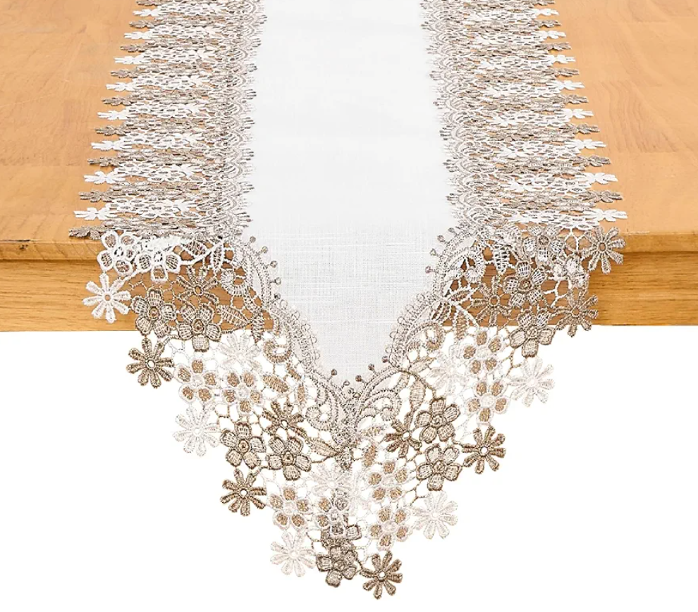 White Beige Floral Lace Table Runner Dresser Scarf 108 inches Long for Kitchen Dining Coffee Table Parties Wedding Home Decor (White, 16” x 108”)
