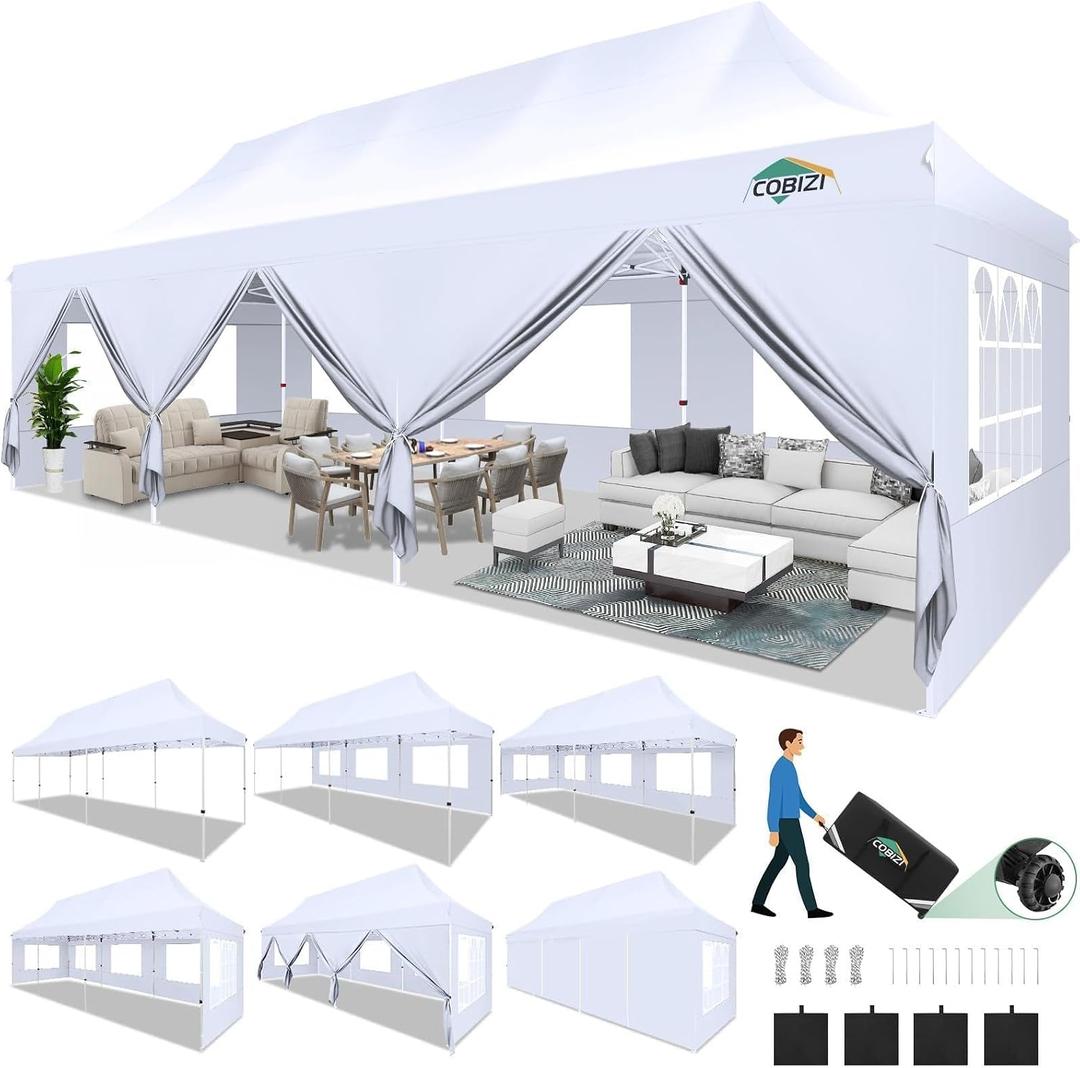 COBIZI Canopy Tent 10x30 Pop Up Canopy with 8 Removable Sidewalls Party Tents for Parties Wedding Patio Commercial Waterproof and UV50+ Ez Outdoor Instant Gazebo with Roller Bag & 4 Sandbags（White）