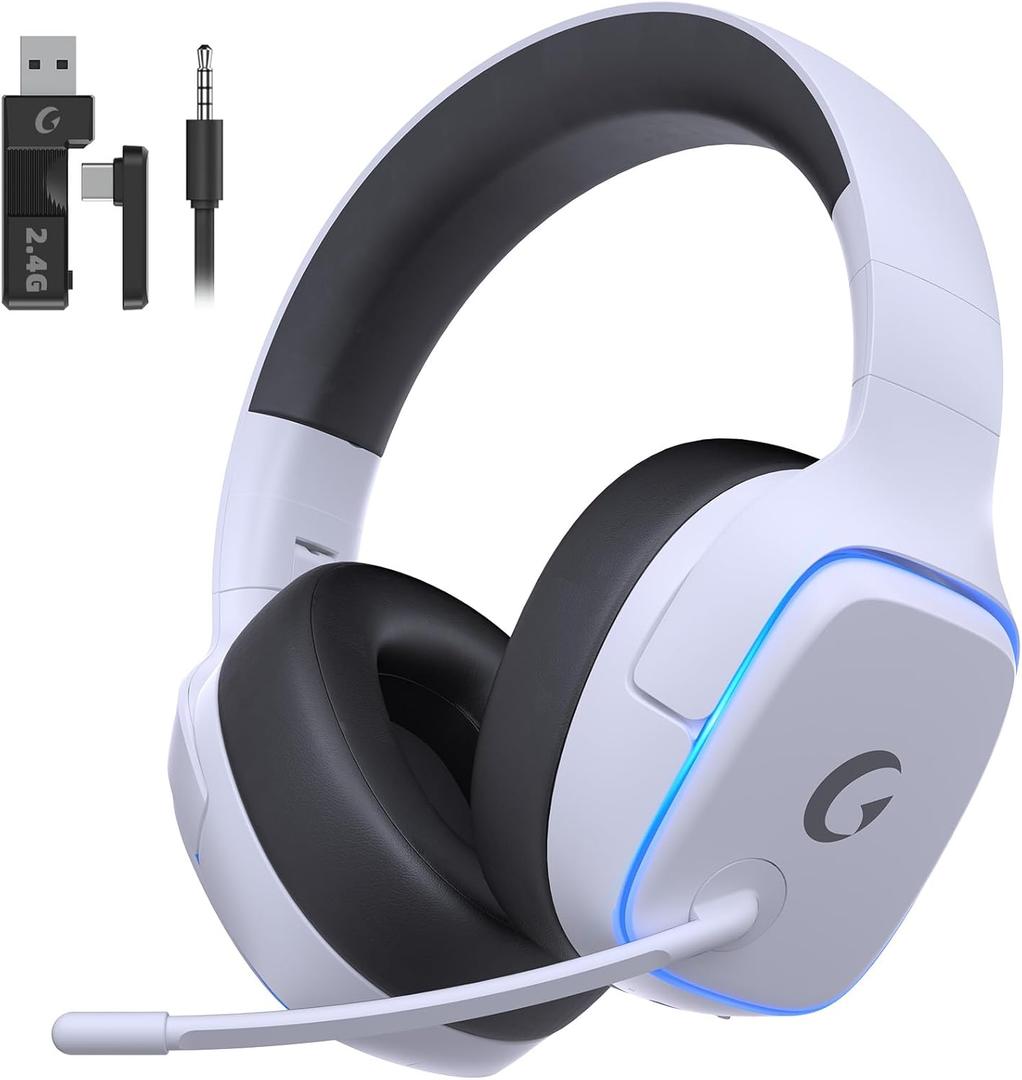 Gvyugke 2.4GHz Wireless Gaming Headsets for PS5, PS4, PC, Switch - Bluetooth 5.3 Gaming Headphones with Noise Canceling Mic, 7.1 Surround Sound, 70H Battery, Blue Lighting - White