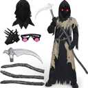 Spooktacular Creations Glowing Eyes Kids Grim Reaper Costume, Halloween Costume for Boys, Grim Reaper Outfit (Large(10-12 yrs), Brown)