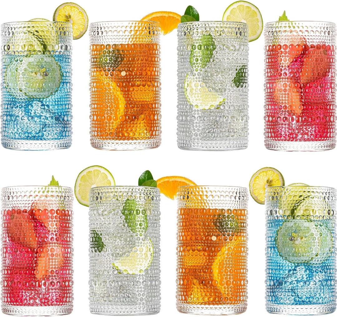 Wookgreat Drinking Glasses, 8 pcs Embossed Designed Glass Cups, 12oz Highball Glasses, Tall Water Glass Tumbler, Mojito Cups, Cocktail Glass, Vintage Glassware Set for Water, Juice, Cocktail, Whiskey