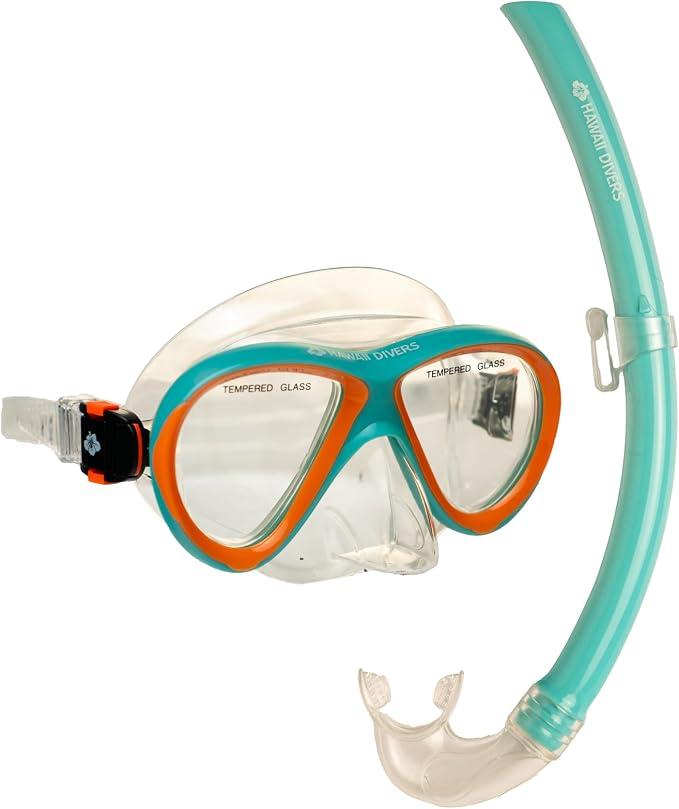 Hawaii Divers Guppy Kids Snorkel Combo - Mask and Snorkel Set Ages 4+, Tempered Glass Kids Swim Mask with J-Bend Snorkel and Quick-Release Buckle Teal/Orange