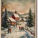 Vintage Winter Snowy Village Christmas Framed Canvas Wall Art, 12x16 Inch Cozy Family Walking Snow Road Landscape Painting, Rustic Farmhouse Living Room Bedroom Entryway Home Holiday Decor