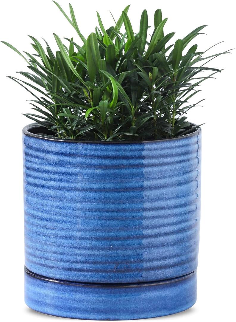 6 Inch Ceramic Planter Pot with Drainage Hole and Saucer,Round Flower Plant Pot for Indoor Outdoor,Porcelain Garden Pots for Farmhouse Decorative with Deep Reservoir,Navy Blue