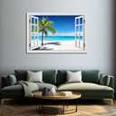 Ocean Wall Art Beach Picture for Living Room White Window Frame Style Palm Tree Art Print on Canvas Large Blue Sea View Painting Artwork for Bedroom Home Office Decoration, Ready to Hang(32"48")