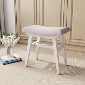 KASLANDI Solid Wood Vanity Bench, Saddle Cushion with High-Strength Rebound Sponge, Easily Assembly, Makeup Stool for Bedroom, Entryway (White) KASLANDI Solid Wood Vanity Bench, Saddle Cushion with High-Strength Rebound Sponge, Easily Assembly, Makeup Stool for Bedroom, Entryway (White)