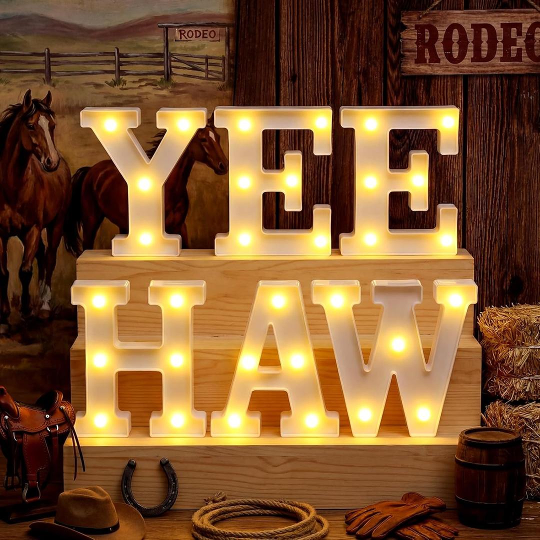 Honoson 6 Pcs Western Party Decorations Yee Haw LED Light up Sign West Neon Birthday Table Decorations for Cowboy Cowgirl Western Themed Birthday Baby Shower Party Decor, 6.42 inches
