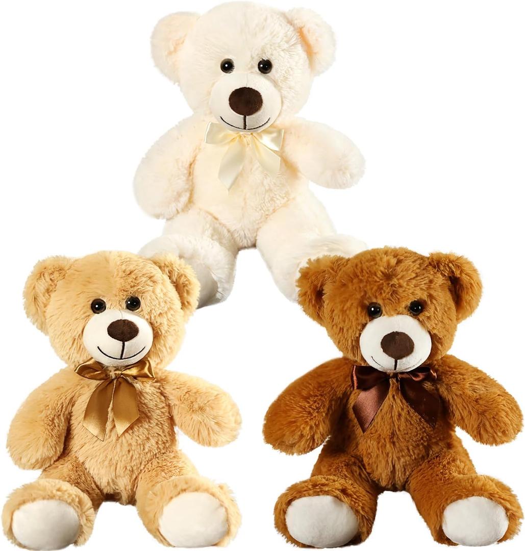 Plush Teddy Bear Cute Stuffed Animal Bear with Bow Plush Toys Gift for Kids and Girls 35cm/13.8 Inches (Khaki+Cream+Brown)