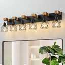 Farmhouse Vanity Light Fixture,6-Light Bathroom Lighting,Black Industrial Wood Wall Light Over Mirror with Metal Shade,LED Bulbs Not Included