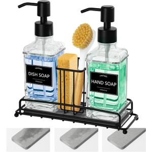 Kitchen Soap Dispenser Set,Kitchen Soap Dispenser with Sponge Holder,Hand and Dish Dispenser Set,Instant Dry Tray, Clear