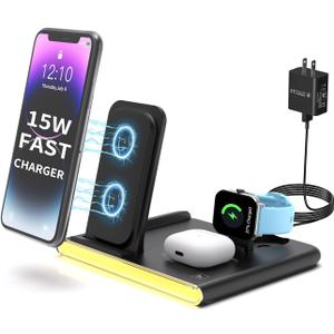 4 in 1 Foldable Charging Station with Light, Fast Wireless Charger for iPhone 11 12 13 14 15 16 & Apple Watch Series & Air pods, Galaxy S9 10 21 22 23, Wireless Charging Station with Adapter Black