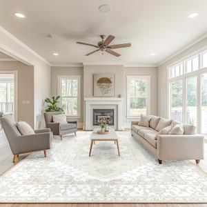 Washable 10x14 Area Rugs, Rugs for Living Room, Low-Pile Water&Stain Resistant Carpet Vintage Distressed Printed Non-Slip Carpet for Bedroom Bathroom Kitchen-Cream White (14' x 10' (Rectangular))