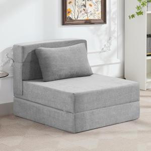 Folding Sofa Bed Convertible Floor Couch Foldable Chair Bed with PillowLinen Sleeper Chair Futon,Foldable Memory Foam Mattress for Bedroom/Living Room/Dorm/Office (Light Grey, Single)