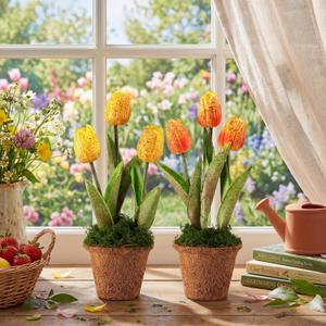 Spring Artificial Tulip Potted Plants Set of 2, 10.2 Inch Vintage Faux Yellow Tulips in Rustic Pot, Spring Table Centerpiece Arrangement for Desk Shelf Kitchen Dining Room Home Decor