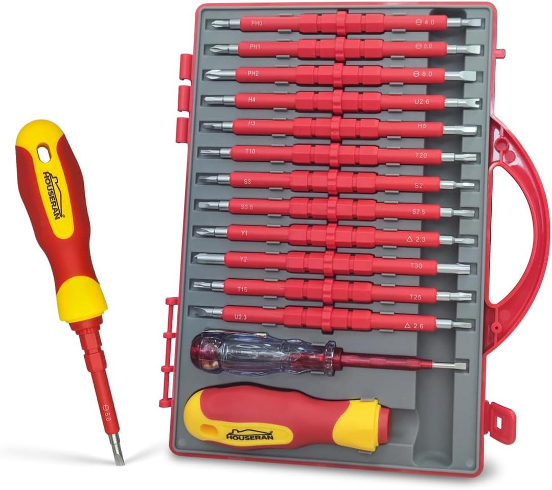 Insulated Screwdriver, HOUSERAN 26 Pcs Screwdriver Set, Magnetic Tip Electrician Tools Kit with Case, 1000V, Screw Driver with Interchangeable Blades, Electrical Screwdriver for Men Household Repair