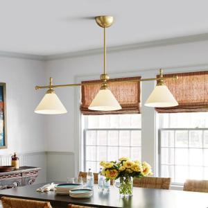Linear Chandelier, Modern Chandelier for Dining Room Light Fixture, Dining Light Fixtures with Milk Glass Shade Pendant Lights Kitchen Island for Restaurant, Living Room (Gold, 3-Lights)