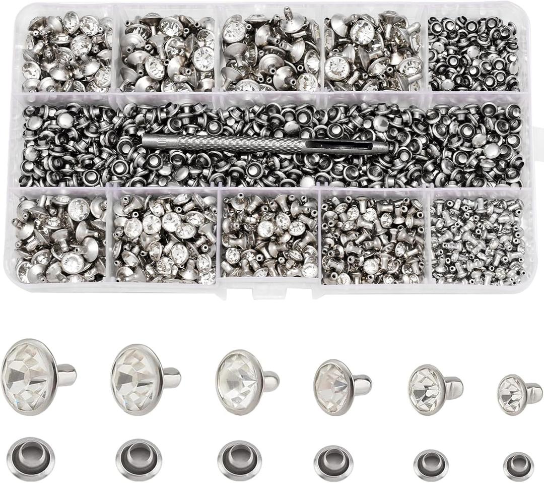 RUBYCA 600 Sets Czech White Clear Crystal Rhinestone Rapid Rivets Silver Color Metal Studs DIY LeatherCraft Kit for Clothing, Wedding, Art and Crafts with a Leather Hole Punch Tool (Mixed Sizes)