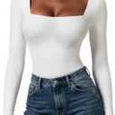 Women Sexy Square Neck Thong Bodysuit Long Sleeves Double Lined Tank Tops Body Suits Outfits for Going Out (M)