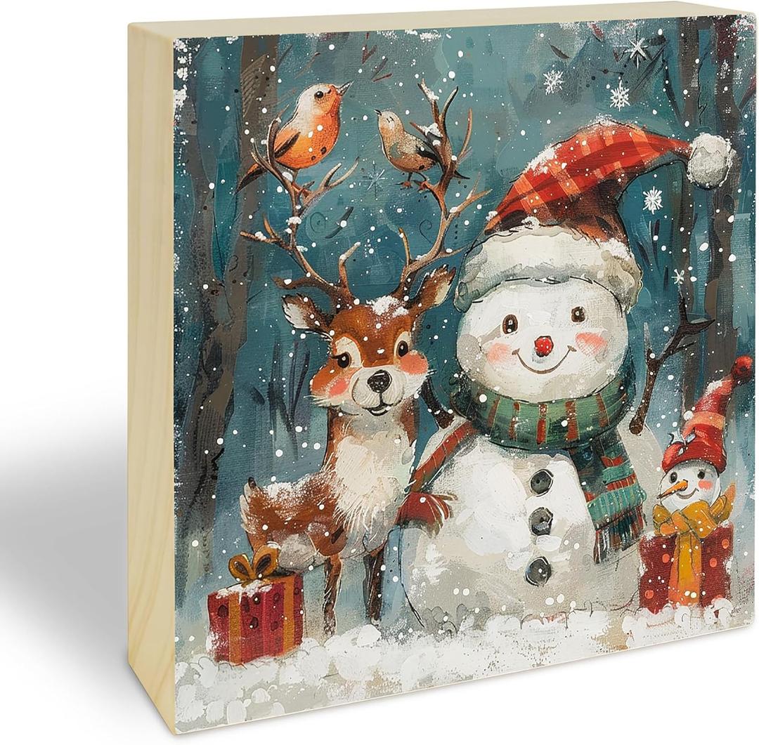 Winter Decor Wood Block Signs - Winter Snowman Table Desk Decor 5 x 5 Inches - Rustic Winter Decorations For Home Bathroom Bedroom Kitchen Party - Gifts For Family Friends - B02