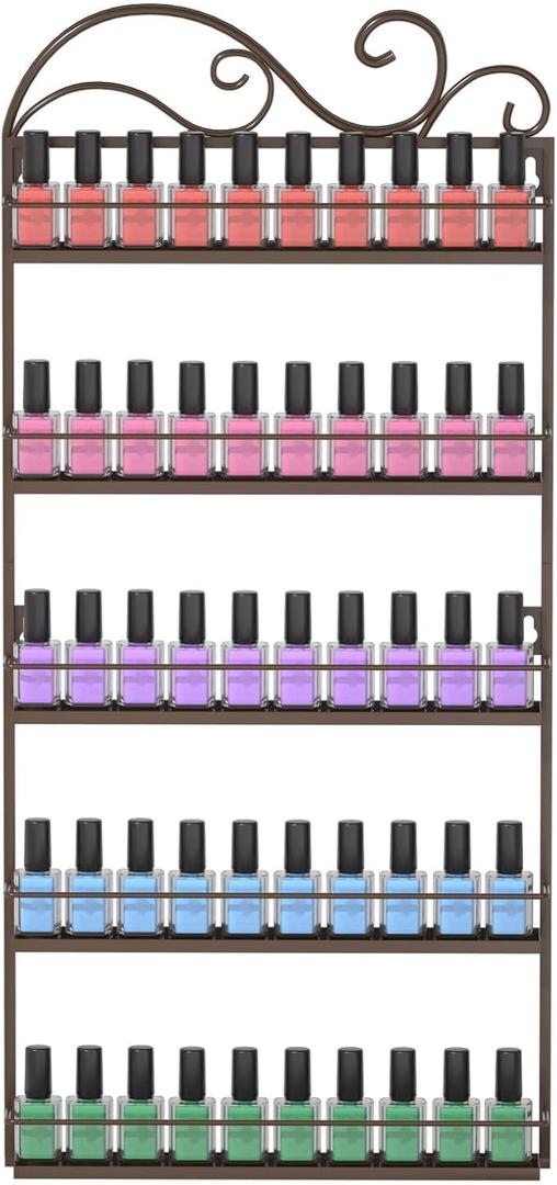 ERYTLLY Wall Mounted Nail Polish Rack, Rectangle Nail Storage Organizer, Salon Shelf Organizer (Brown)