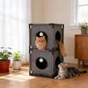 2-Story Cat House for Indoor Cats - Large Cat Cave Bed with Soft Velvet Pad and Fluffy BallStable and Easy to Assemble Kitty Fort, Muti-Functional Cat Condo Grey