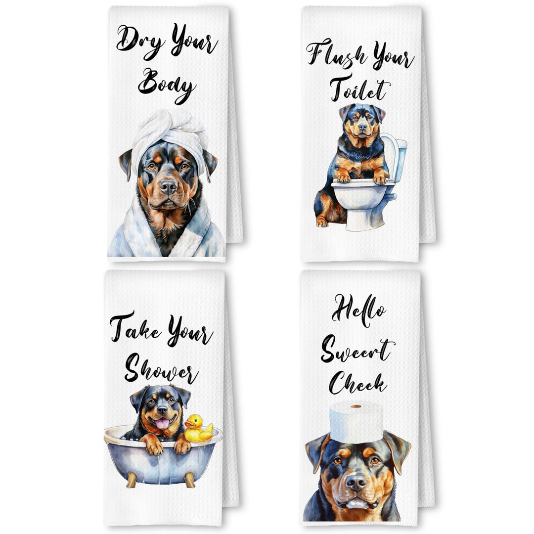 SkipTiger Funny Rottweiler Hand Towels for Bathroom Washroom, Dog Bathroom Decor, Rottweiler Gifts for Women Men, Humorous Dog Hand Towels, 16x24 Inch Set of 4