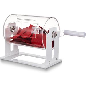 Leinuosen Acrylic Raffle Drum, 8.7 x 5 x 7 Inches Clear Raffle Tickets Spinner Cage with Shaking Hand, Transparent Ticket Spinner Box for Prize Draw Games Balls(Cylindrical, White)