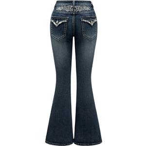 WDIRARA Women's Goth Punk Rhinestone Embroidered Flare Jeans Bootcut Denim Pants (Blue, S)