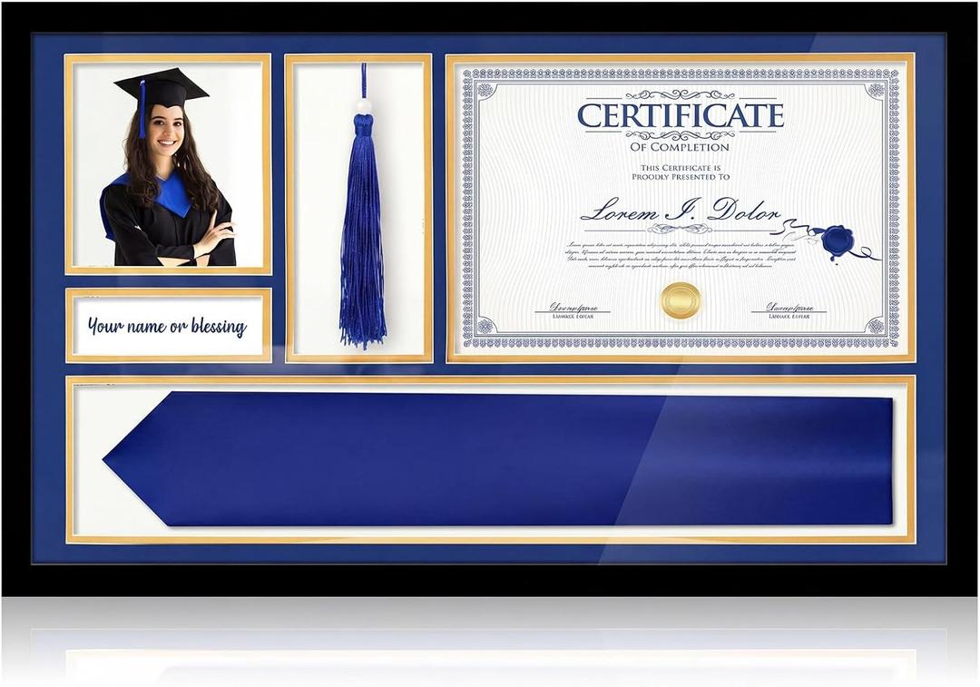 Briwooody 16x26 Diploma Frames with Tassel Holder and Stole Holder for 8.5x11 Diploma and 4x6 Photo, Wood Display Case for Certificate, 2026 Graduation Degree Frames Keepsake(Black,Blue Base)
