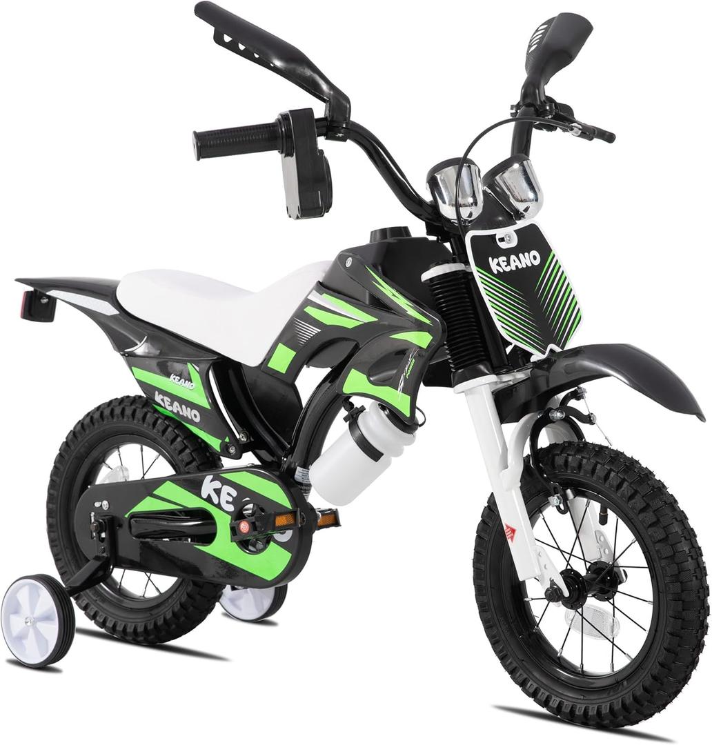 KEANO Motocross Style Kids Bike for Boys Girls Ages 3-7 Years, 12 & 16 Inch Bikes with Training Wheels and Number Plate, Children Bicycles Black (Green)