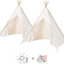 Sumbababy 2 Pack Teepee Tent for Kids Indoor Play Tent with Lights & Colorful Flags, Natural Canvas Sleepover Tents for Girls Party Washable & Foldable Slumber Party Tents