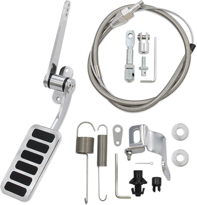 Universal Polished Aluminum Throttle Pedal, 2" x 4-1/2", Includes Stainless Steel Braided 36" Throttle Cable Kit with 24" Sleeve and Cable & Carb Bracket