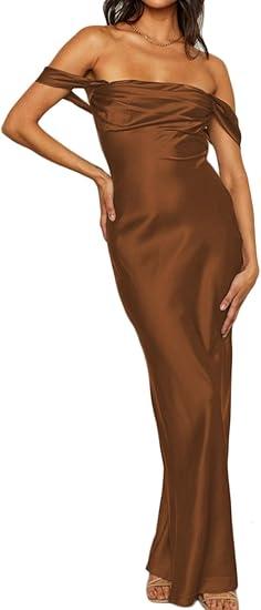 Realtix Elegant Satin Off The Shoulder Ruched Backless Maxi Dress for Women Strapless Tube Sleeveless Bridesmaid Dresses, S