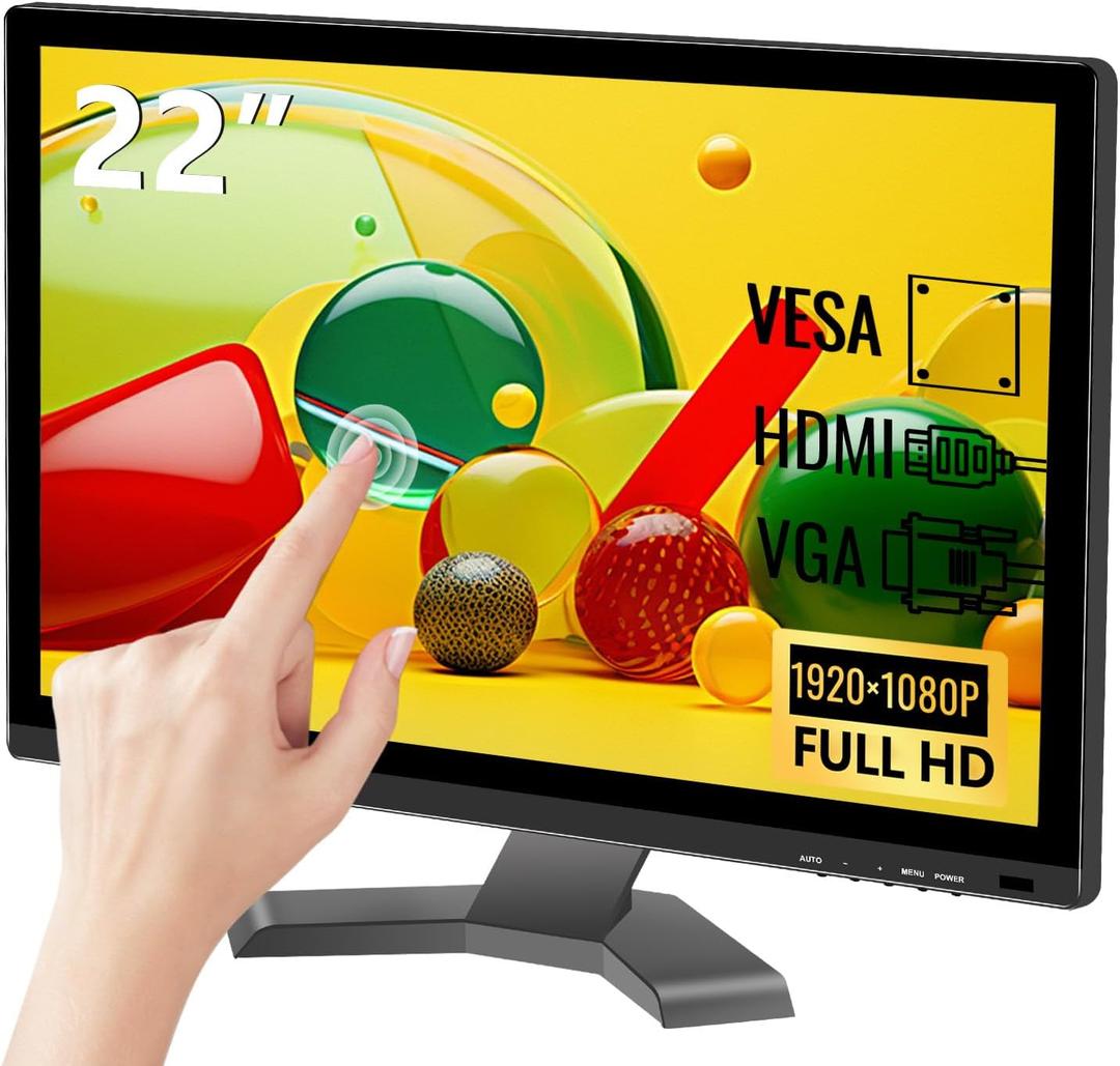 22 Inch Touchscreen Monitor, FHD 1080P Computer Monitor, HDMI VGA USB 10-Point Touch PC Display for Business, VESA, Built-in Speakers, Black
