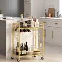 TUTOTAK Gold Bar Cart with 2 Mirrored Shelves, Wine Rack & Glass Holder, 2 tier（23.7"W)