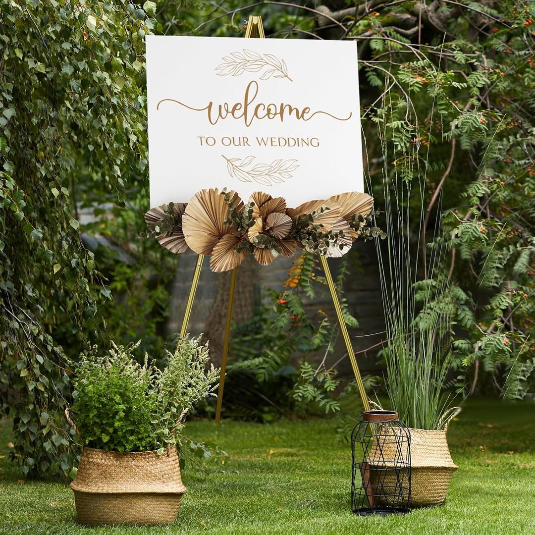 NianFeng Wooden Easel Stand for Sign, Easel Display Stand Floor for Wedding Sign with Adjustable Tray, 63-Inch, Tripod A-Frame Poster Light Duty, Welcome, Art Show & Baby Shower (Golden)